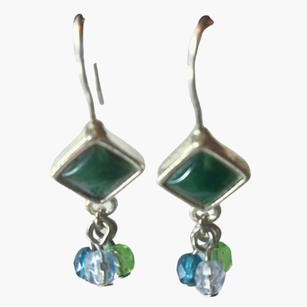 Green Blue Silver Bead  Earrings Hook Drop Dangle Vintage Artisan USA